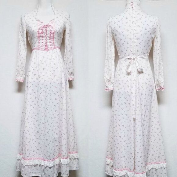Vintage 1970s Pink Floral Lace Lattice Ribbon Bustier Antebellum Maxi Dress - Picture 9 of 16
